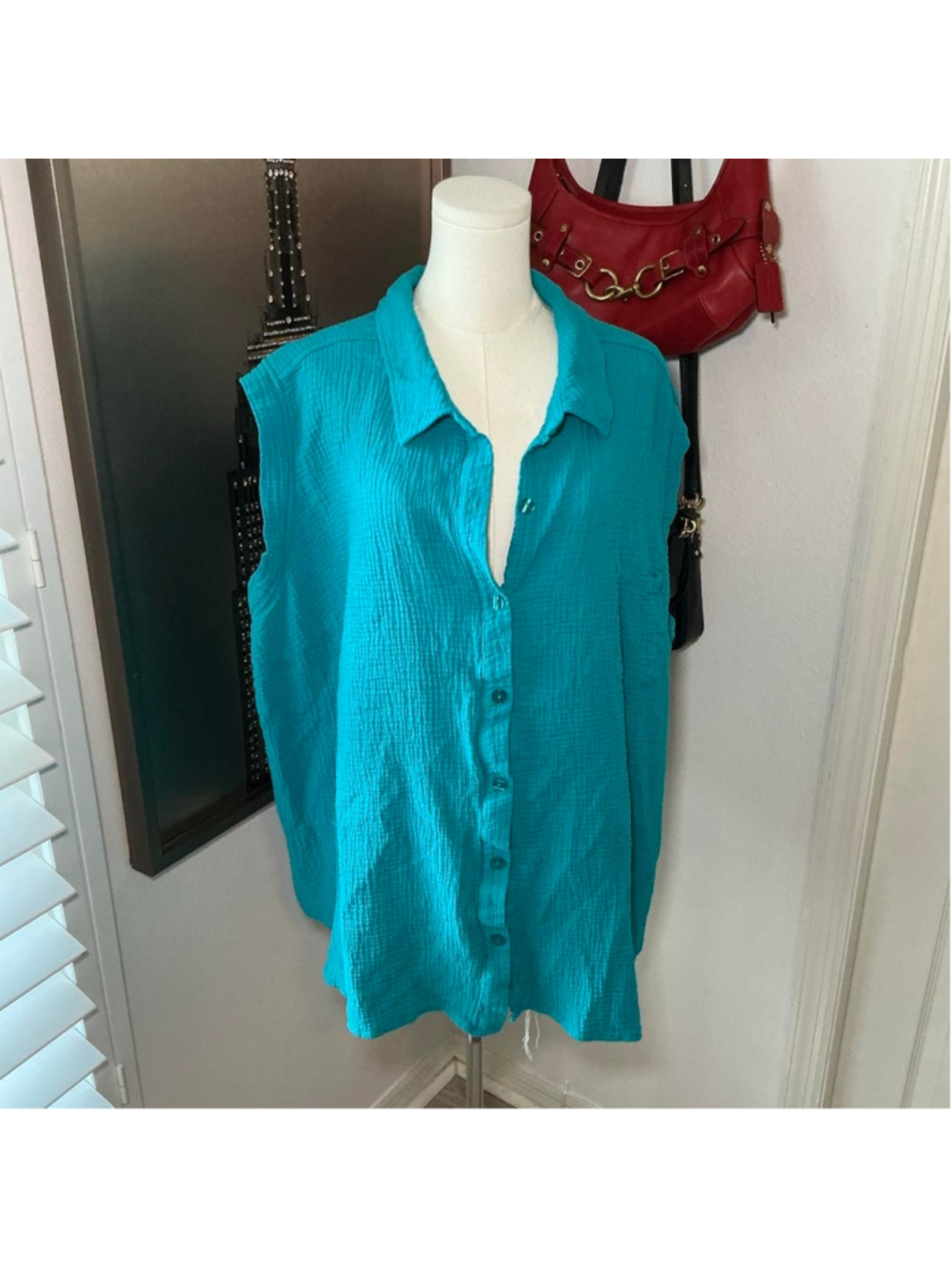 Belle Beach Kim Gravel Teal Gauze Button Front Sleeveless Top Size 5X